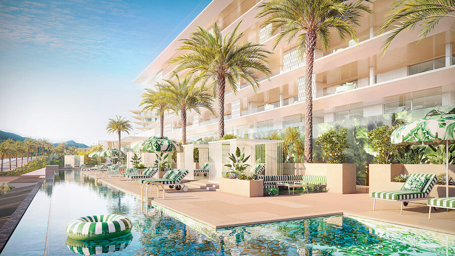 Render of a luxury residential complex with a long swimming pool, palm trees, and green-striped sun loungers and parasols.
