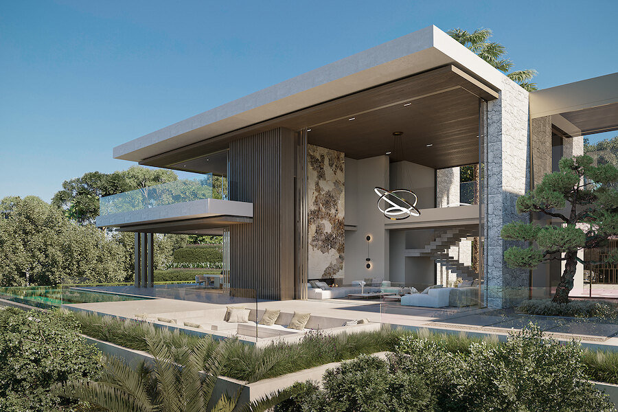 Contemporary luxury villa with double-height open-plan living room, glass walls, floating terrace and sunken outdoor lounge surrounded by greenery.