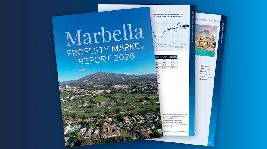 Marbella Property Market Report 2026 cover and interior pages, featuring an aerial view of Marbella and market charts and data. Marbella's Property Market.