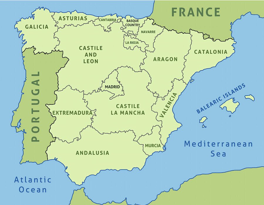Carte de l’Espagne montrant ses communautés autonomes et les pays voisins. La carte met en évidence des régions telles que l’Andalousie, la Catalogne, la Communauté valencienne, Madrid, la Castille-et-León, la Galice, le Pays basque et les îles Baléares. Le Portugal se trouve à l’ouest, la France au nord-est, et l’Espagne est bordée à l’est par la mer Méditerranée et à l’ouest par l’océan Atlantique.