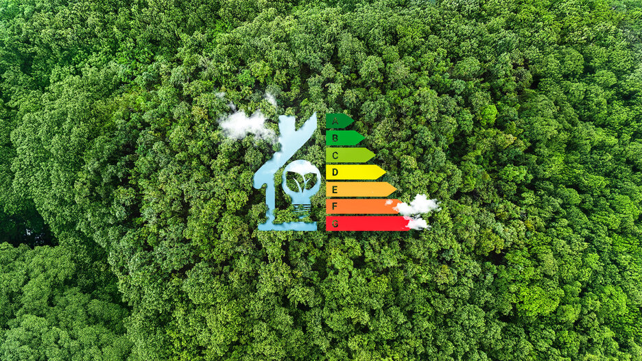 Energy efficiency rating chart from A to G shaped like a house, over a green forest background.