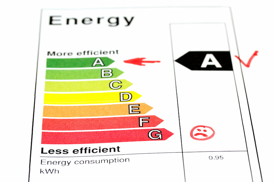 Energy efficiency rating chart with categories from A to G, highlighting grade A as most efficient. energy certificates.