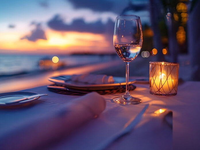 Romantische eettafel voor twee aan zee bij zonsondergang, inclusief wijnglas, brandende kaars en elegant servies. Op de achtergrond is een wazig uitzicht op de oceaan en de kleurrijke lucht.