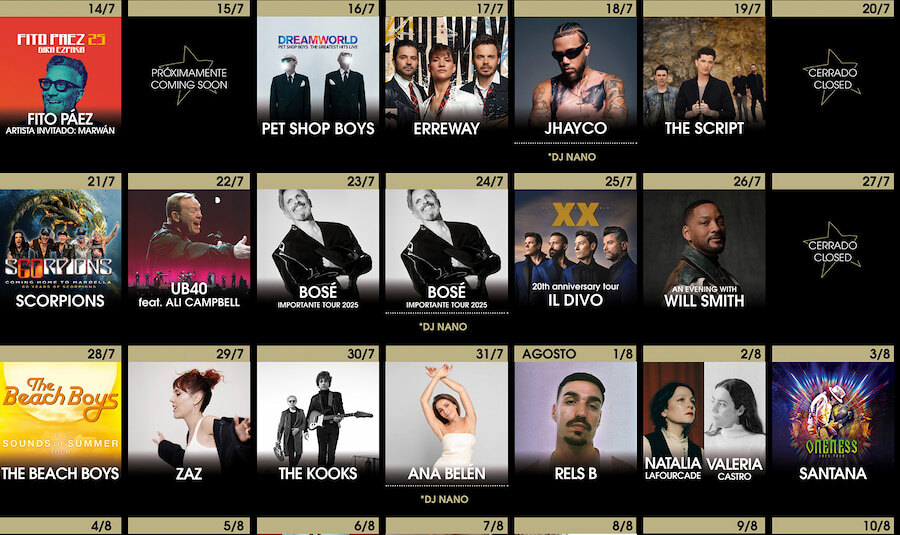 Werbeplakat mit dem Sommerkonzertprogramm im Starlite Marbella, mit Künstlern wie Fito Páez, Pet Shop Boys, Scorpions, UB40, Il Divo, Will Smith, The Beach Boys, Santana und vielen mehr, mit Auftrittsterminen von Mitte Juli bis Anfang August.