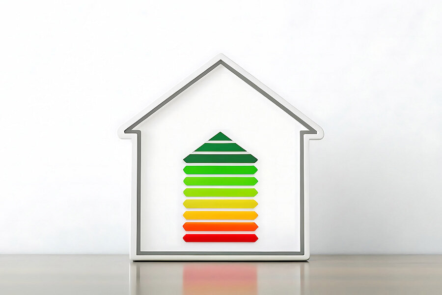 Symbol eines Hauses mit einer Energieeffizienzskala darin, die von Rot (am wenigsten effizient) bis Dunkelgrün (am effizientesten) reicht und die Energieeffizienz eines Hauses darstellt.