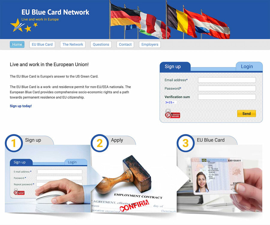 EU Blue Card Network website screenshot showing the registration process: Step 1 Sign up, Step 2 Apply with an employment contract, Step 3 Receive the EU Blue Card. The page includes login fields and flags of European countries.