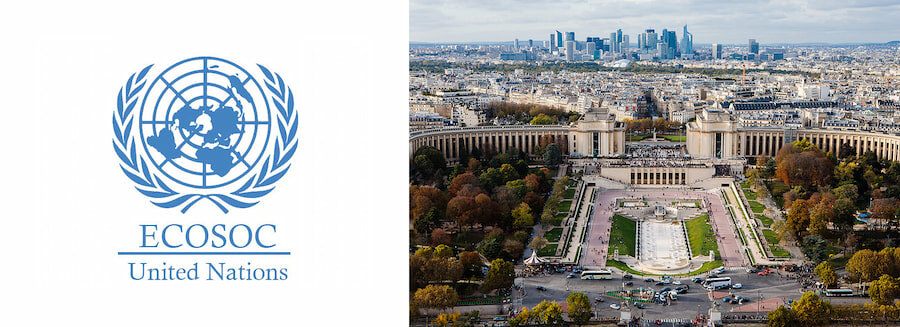 Logo des Nations Unies ECOSOC à gauche, et vue aérienne du Palais de Chaillot et des jardins du Trocadéro à Paris, avec le quartier d'affaires de La Défense en arrière-plan.