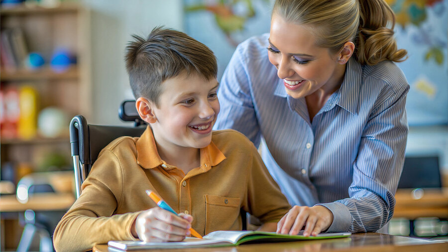 Lachende leraar helpt een jonge jongen in een rolstoel met zijn schoolwerk in een klaslokaal.