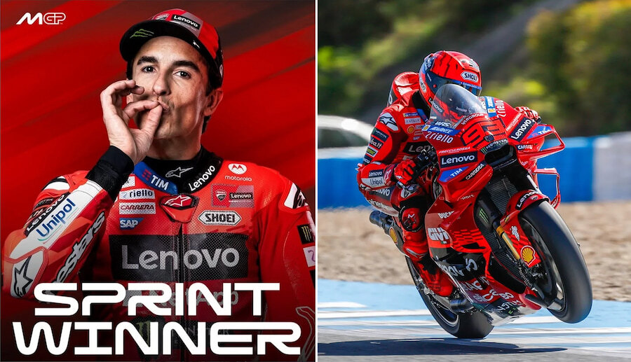 Geteiltes Bild eines MotoGP-Fahrers, der einen Sprintsieg feiert (links) und auf einem Ducati-Motorrad eine Hochgeschwindigkeitskurve auf der Strecke fährt (rechts). Der Fahrer trägt einen roten Rennanzug und Helm mit Lenovo-Logo und auffälligen Logos von Ducati und Sponsoren.