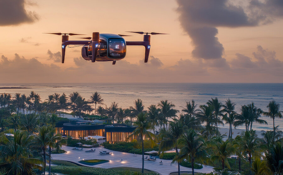 Passenger drone flying over a tropical resort at sunset, with palm trees and the ocean in the background.