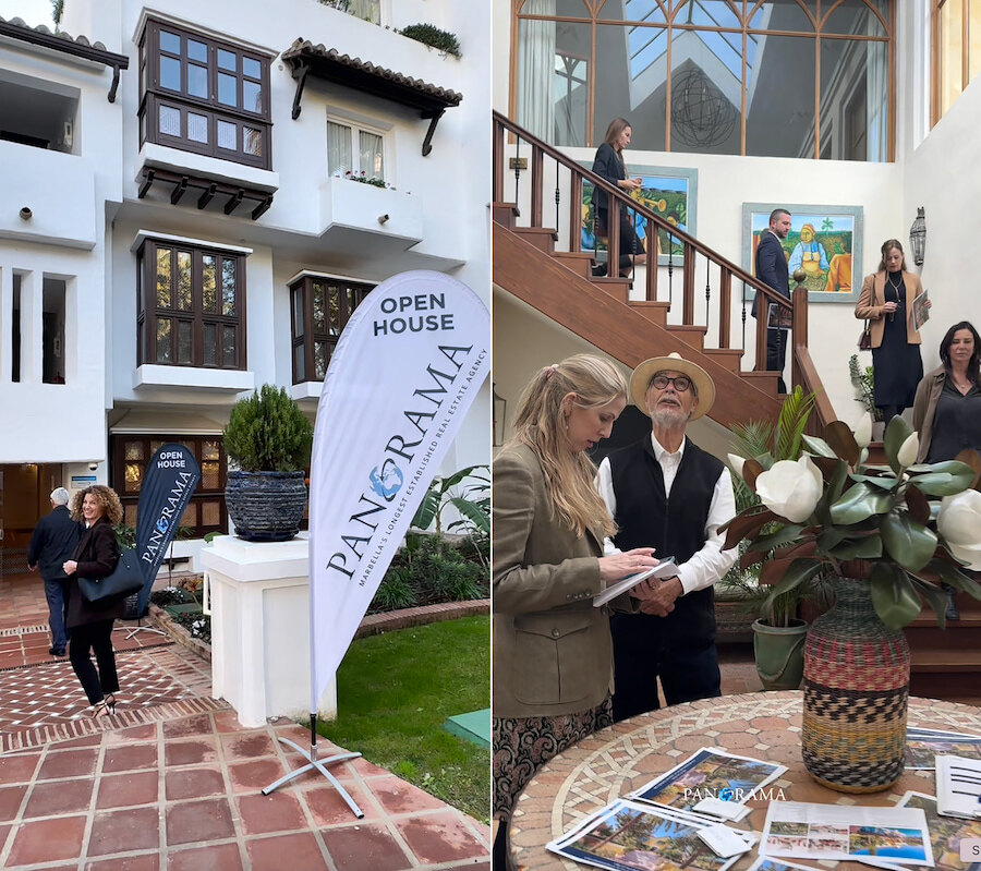 open house. Tag der offenen Tür, organisiert von Panorama Properties in Marbella. Das erste Bild zeigt den Eingang eines Wohngebäudes mit Panorama-Bannern, die auf die Veranstaltung hinweisen, während mehrere Besucher eintreffen. Das zweite Bild zeigt die Anwesenden im Inneren des Gebäudes, wie sie sich unterhalten und den Raum erkunden. Auf einem runden Tisch liegen dekorative Details und Immobilienbroschüren aus.
