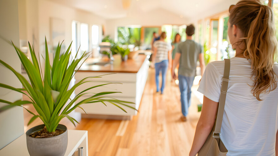 Besucher gehen bei einem Tag der offenen Tür durch ein helles, modernes Haus. Tageslicht, Holzböden und Zimmerpflanzen schaffen eine einladende Atmosphäre. Tage der offenen Tür sind in den USA seit dem frühen 20. Jahrhundert gängige Praxis.