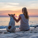 Mujer sentada en la arena con su perro viendo el atardecer en una playa de Marbella, transmitiendo calma y conexión.