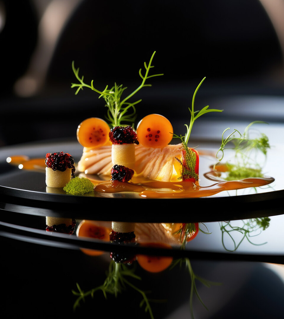 Michelin-Star Magic: Fine Dining Experiences in Marbella. A haute cuisine dish with an artistic and minimalist presentation, composed of salmon, spherules, green sprouts, and sauces, served on a glossy black plate with elegant highlights.