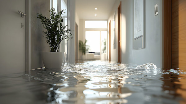 flooding of water inside a home. Flooded floor of a house by water.