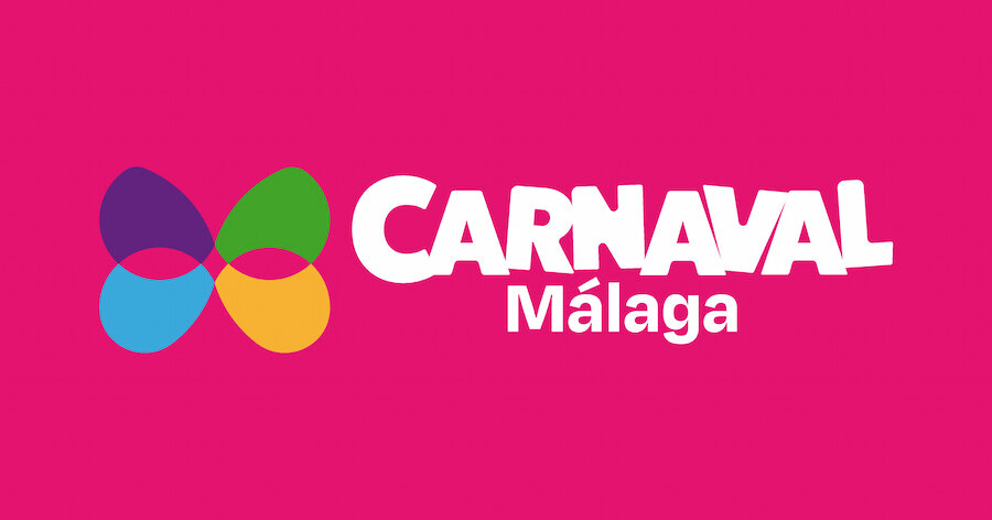 Image d'affiche du carnaval de Malaga. L'image a un fond rose et le mot Crbaval Malaga est écrit dessus en blanc.