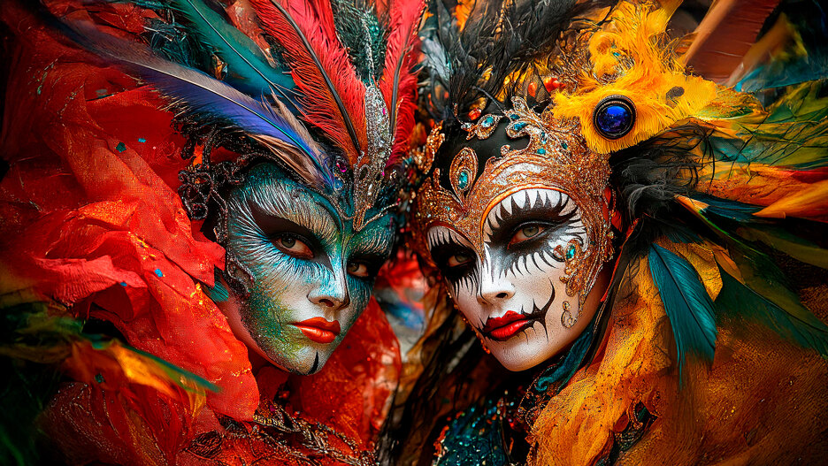 Carnival season in Andalucía 2025. Faces of two women dressed for the Andalusian carnival