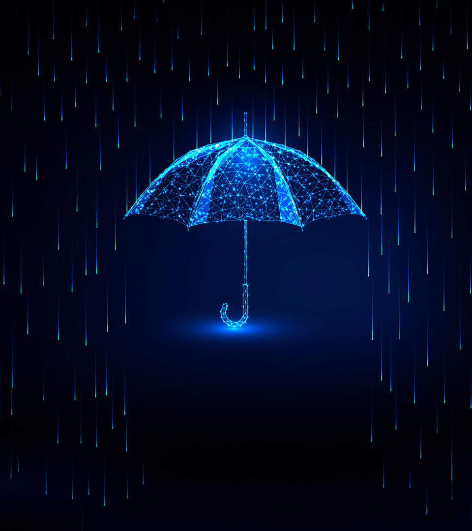 Home insurance. Rain falling and umbrella covering from the rain