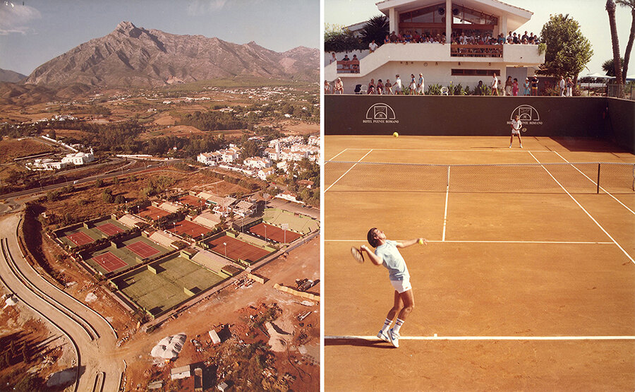 Izquierda: Vista del Club de Tenis en construcción en 1979. Derecha: Manolo Santana contra Bjorn Borg (1982) en el Club de Tenis Puente Romano.