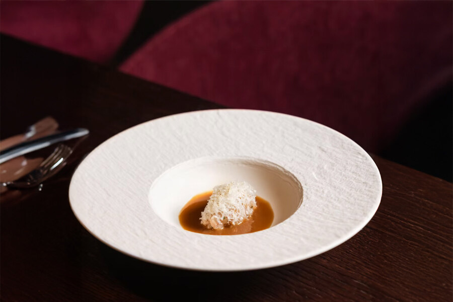 Gourmet dish served on white tableware, featuring a sauce base and a delicate preparation topped with finely grated cheese.